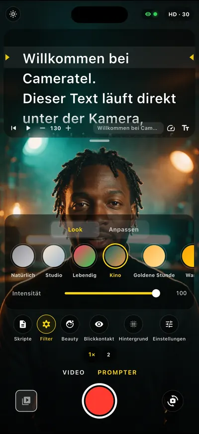 Screenshot der Cameratel-App: Kino-Looks, live