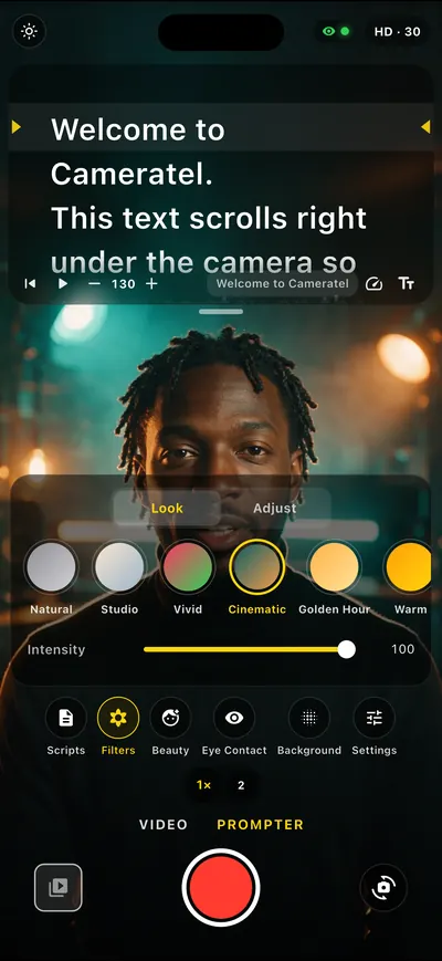 Cameratel app screen: Cinematic looks, live