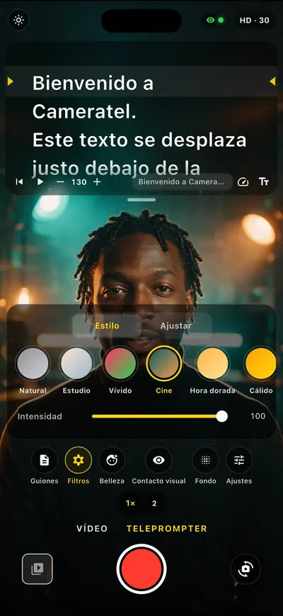 Pantalla de la app Cameratel: Looks de cine al instante