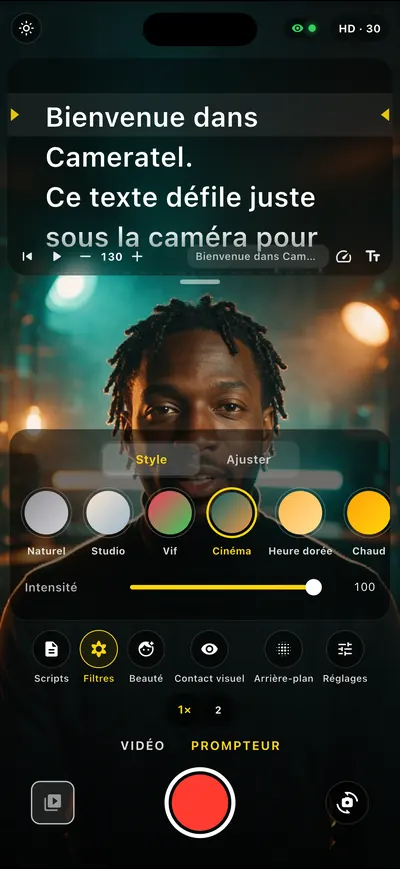 Écran de l'app Cameratel : Des looks ciné, en direct