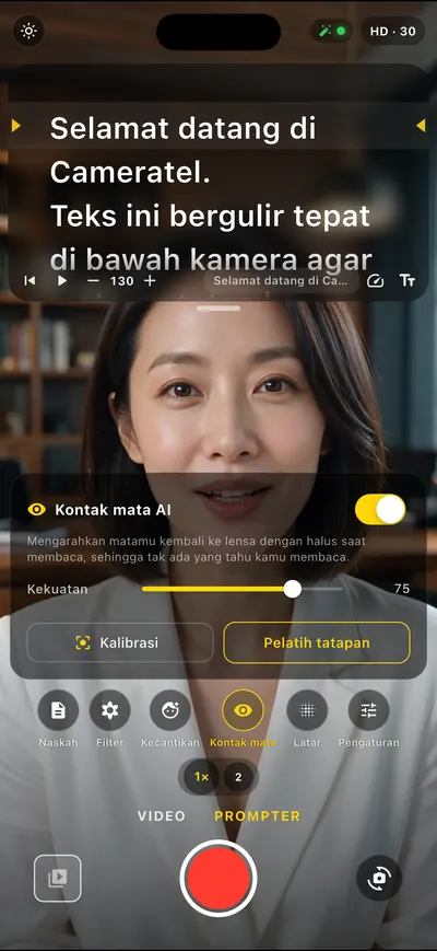 Layar aplikasi Cameratel: Tak terlihat sedang membaca