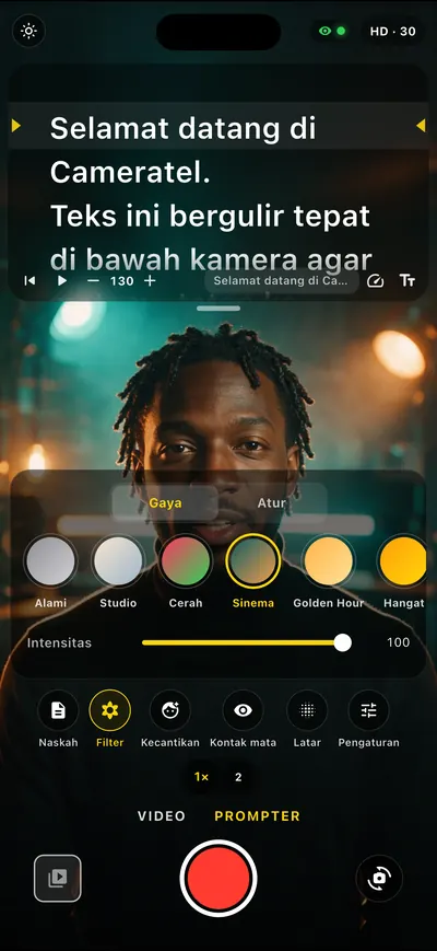 Layar aplikasi Cameratel: Tampilan sinematik seketika