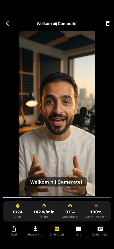 Scherm van de Cameratel-app: Ondertitels, vanzelf klaar
