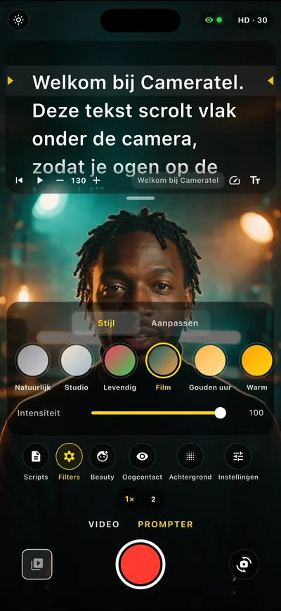 Scherm van de Cameratel-app: Filmische looks, live