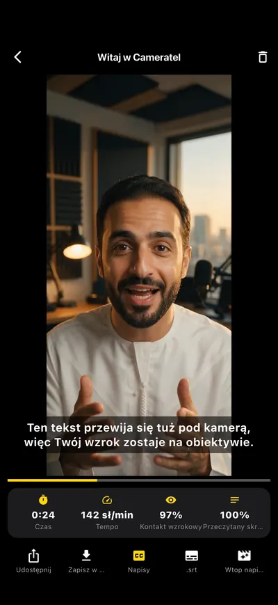 Ekran aplikacji Cameratel: Napisy piszą się same