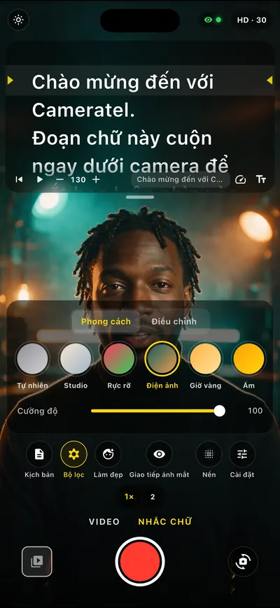 Màn hình ứng dụng Cameratel: Màu điện ảnh ngay khi quay
